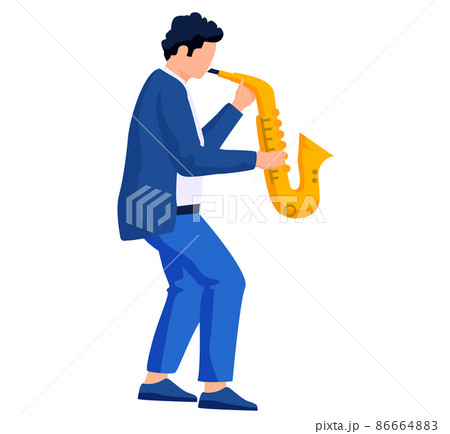 Saxophone player with saxophone stands on white background. Vector man playing musical instrument 86664883