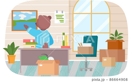 Wild animal moving to new house or office. Bear packs things to shipping. Rental of premises concept Wild animal moving to new house or office. Bear packs things to shipping. Rental of premises concept 86664908