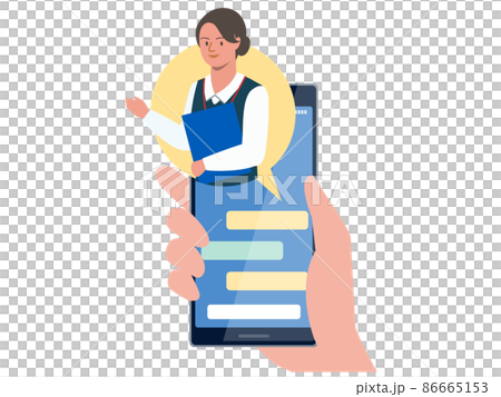 スマホのチャットで案内をする女性スタッフのベクターイラスト 86665153