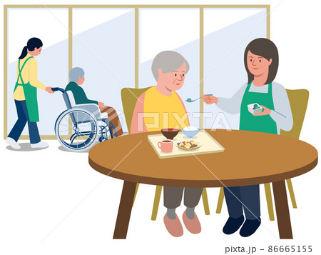 介護施設で食事介助を受ける高齢者と介護職員のベクターイラスト 介護施設で食事介助を受ける高齢者と介護職員のベクターイラスト 86665155