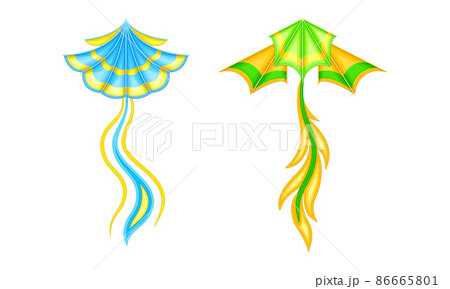 Colorful flying kites set. Festival kite with ribbons, summer game element cartoon vector illustration 86665801
