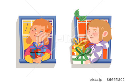 Cute kids giving or receiving gifts through opened window cartoon vector illustration 86665802