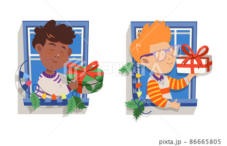 Children with present boxes looking out of windows. Cute boys giving or receiving gifts through opened window cartoon vector illustration 86665805
