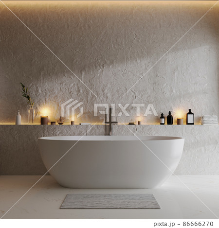 luxury bathroom interior with bathtub and decorative plaster wall, shelf with decoration and bath accessories, 3d rendering luxury bathroom interior with bathtub and decorative plaster wall, shelf with decoration and bath accessories, 3d rendering 86666270