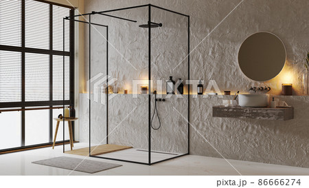 Luxurious modern bathroom with shower and large window, sink with mirror and decor, tile floor, 3d rendering 86666274