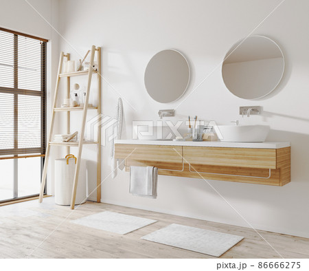 Modern apartment bathroom interior with two sinks, wooden cabinets and ladder, towels and window, 3d rendering 86666275