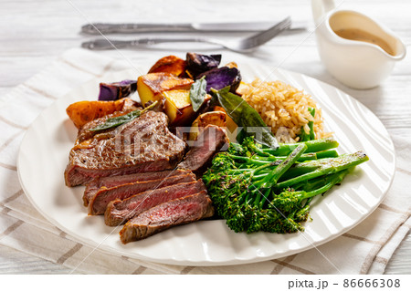 Steak with mustard sauce, top view 86666308