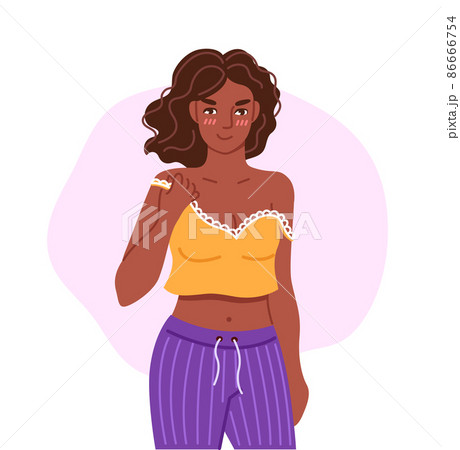 Black woman, wearing pajamas, demonstrating sexual attraction, passion and desire. Flirty blushing young woman. PMS symptom. Hand drawn character. Flat vector illustration. Black woman, wearing pajamas, demonstrating sexual attraction, passion and desire. Flirty blushing young woman. PMS symptom. Hand drawn character. Flat vector illustration. 86666754