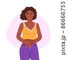 Black woman, suffering from acute abdominal pain, diarrhea, bloating, holds her stomach. Painful menstruation. Hand drawn character. Vector flat illustration. 86666755