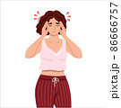 Woman suffering from headache and pain, pressing hands to the throbbing areas of her head. Overwork, stress, premenstrual syndrom. Vector hand-drawn character. 86666757