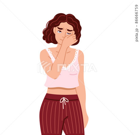Sad crying woman wipes away tears. Weeping, sobbing, shedding tears character. Depressed unhappy upset girl. Hand drawn cartoon character. Vector flat isolated illustration. Sad crying woman wipes away tears. Weeping, sobbing, shedding tears character. Depressed unhappy upset girl. Hand drawn cartoon character. Vector flat isolated illustration. 86666759
