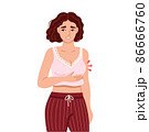 Breast tenderness. Woman suffering from symptom of premenstrual syndrome. Sensitive swollen breast. Hand drawn cartoon character. Vector flat isolated illustration. 86666760