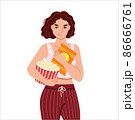 Black woman holding potato chips and big bucket of popcorn. Food craving, increased appetite. Flat cartoon character. Hand drawn vector illustration. 86666761