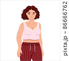 Sad unhappy overweight plump woman in home pajama, suffering from fluid retention. Premenstrual symptom. Hand drawn isolated vector illustration. 86666762