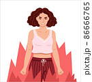 Angry furious irritated woman clenching fists, on the verge of psychological breakdown, surrounded by fire. Hand drawn character. Flat isolated vector illustration. 86666765