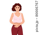 Woman, suffering from acute abdominal pain, diarrhea, bloating, holds her stomach. Painful menstruation. Hand drawn character. Vector flat illustration. 86666767