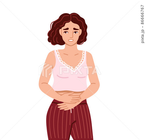 Woman, suffering from acute abdominal pain, diarrhea, bloating, holds her stomach. Painful menstruation. Hand drawn character. Vector flat illustration. Woman, suffering from acute abdominal pain, diarrhea, bloating, holds her stomach. Painful menstruation. Hand drawn character. Vector flat illustration. 86666767