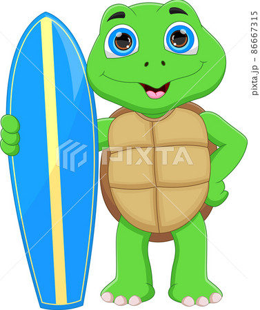 cute turtle holding surfboard on white backgroundのイラスト素材