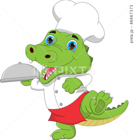 Cartoon Chef Crocodile Carrying Food Trayのイラスト素材