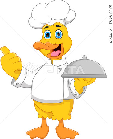 cartoon chef duck carrying food tray and giving thumbs up 86667770