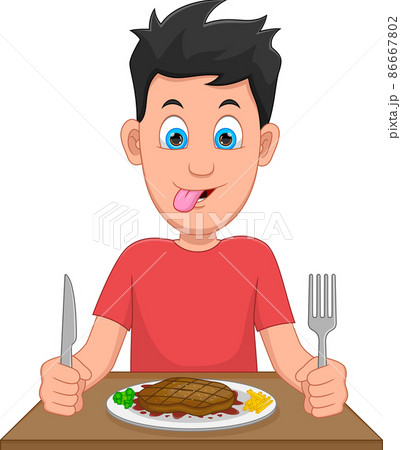 boy eating beef steak cartoon - Stock Illustration [86667802] - PIXTA