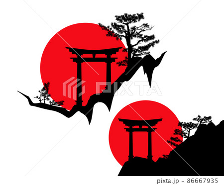 vector silhouette background of japanese torii gate on rocky pine cliff with red rising sun vector silhouette background of japanese torii gate on rocky pine cliff with red rising sun 86667935
