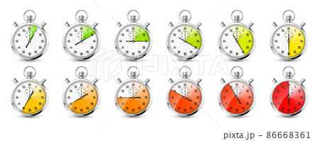 Realistic classic stopwatch icons. Shiny metal chronometer, time counter with dial. Red countdown 86668361