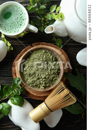Concept of japanese tea with matcha on wooden table Concept of japanese tea with matcha on wooden table 86668832