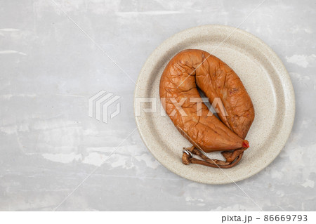 typical portuguese smoked sausage Farinheira on the dish typical portuguese smoked sausage Farinheira on the dish 86669793