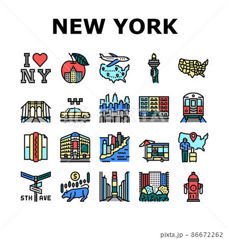 New York American City Landmarks Icons Set Vector New York American City Landmarks Icons Set Vector 86672262
