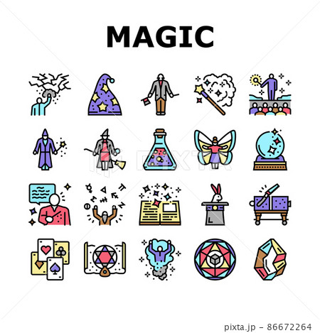 Magic Performing And Accessories Icons Set Vector 86672264