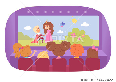 Children watching movie on screen of cinema theater, girls and boys sitting in chairs Children watching movie on screen of cinema theater, girls and boys sitting in chairs 86672622