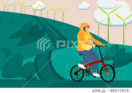 flat art and cartoon design for solo woman biking bicycle with her cat with wind turbine and sunset background 86672859