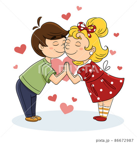 A boy and a girl in love stand holding hands against the background of hearts. A boy and a girl in love stand holding hands against the background of hearts. 86672987