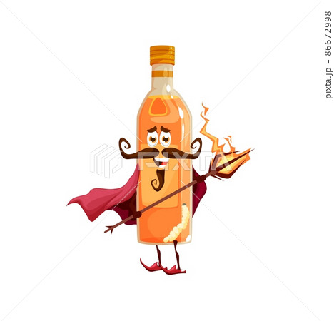 Cartoon mexican mezcal sorcerer character. Funny vector magic personage, traditional alcohol drink bottle of Mexico in worm inside wear cape with staff in hands. Wizard or magician bottle 86672998