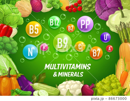Multivitamins and minerals in vegetables. Cartoon farm veggies healthy food vector background. Vegetarian diet plan and natural nutrition vitamins vector background with ripe and fresh vegetables 86673000