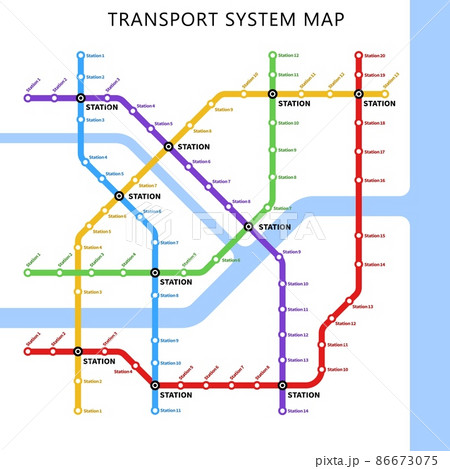 Metro underground, subway and bus transport city map with stations, vector urban passenger lines scheme. Subway or metro tube plan with railway train transit routes network of public transport 86673075