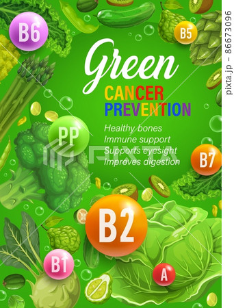 Color rainbow diet green day nutrition and multivitamins. Natural food nutrition and diet system vector vertical poster with cancer prevention health benefits, fresh green vegetables, herbs and fruits 86673096