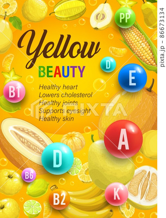 Color rainbow diet yellow day nutrition and multivitamins. Color diet, nutrition program health benefits vector vertical poster with cartoon yellow vegetables, fresh tropical fruits and ripe cereals 86673134