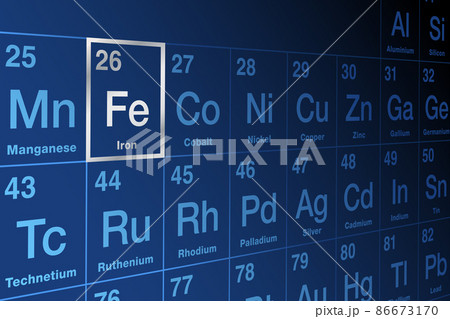 Element iron on the periodic table of elements. Ferromagnetic transition metal, with the element symbol Fe from Latin ferrum, and atomic number 26, the fourth most common element in the Earth crust. 86673170