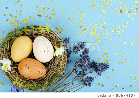 Decorated handmade Easter eggs for the holiday season on blue background. Creative minimal abstract concept. Studio Photo 86674107
