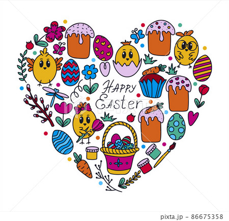 Easter traditional doodle collection - eggs, chickens, basket, Christian vector set decorating. Vector hand drawings ilustration isolated Background 86675358