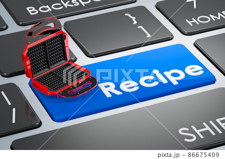Waffle iron on keyboard. Recipe blue key. 3D rendering Waffle iron on keyboard. Recipe blue key. 3D rendering 86675409