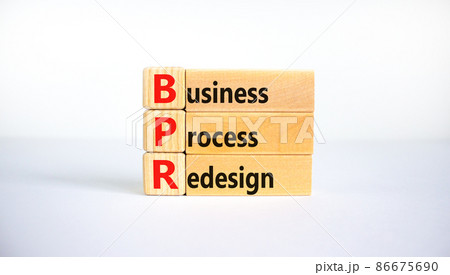 BPR business process redesign symbol. Concept words BPR business process redesign on blocks on a beautiful white table, white background. Business, BPR business process redesign concept. Copy space. 86675690