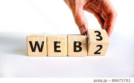 WEB 2 or 3 symbol. Businessman turns a wooden cube and changes words WEB 2 to WEB 3. Beautiful white table, white background, copy space. Business, technology and WEB 2 or 3 concept. 86675701