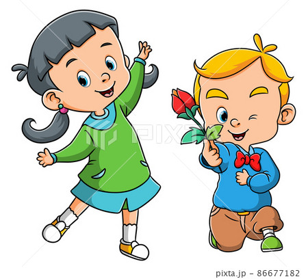 The boy is giving the flowers to the girlfriend for valentine  86677182