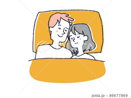 寄り添って寝るカップル コミカルな手書きの人物イラスト ベクター線画にシンプルな色つけ 白バックのイラスト素材