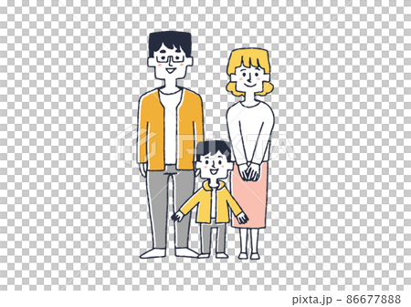 三人家族　コミカルな手書きの人物イラスト　ベクター線画にシンプルな色つけ　白バック 86677888