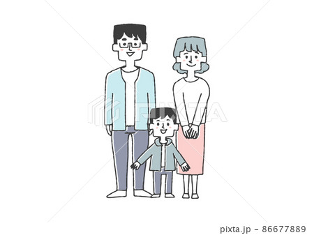 三人家族　コミカルな手書きの人物イラスト　ベクター線画にシンプルな色つけ　白バック 86677889