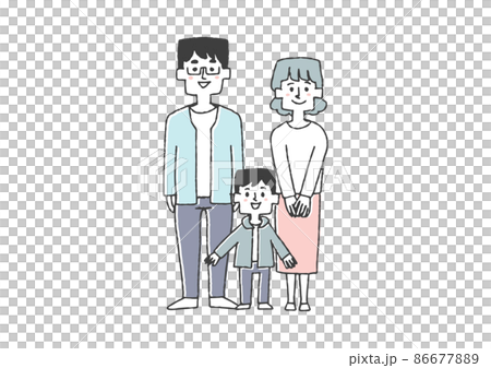 Family of three Comical handwritten person illustrations Vector line drawing with simple coloring White background 86677889